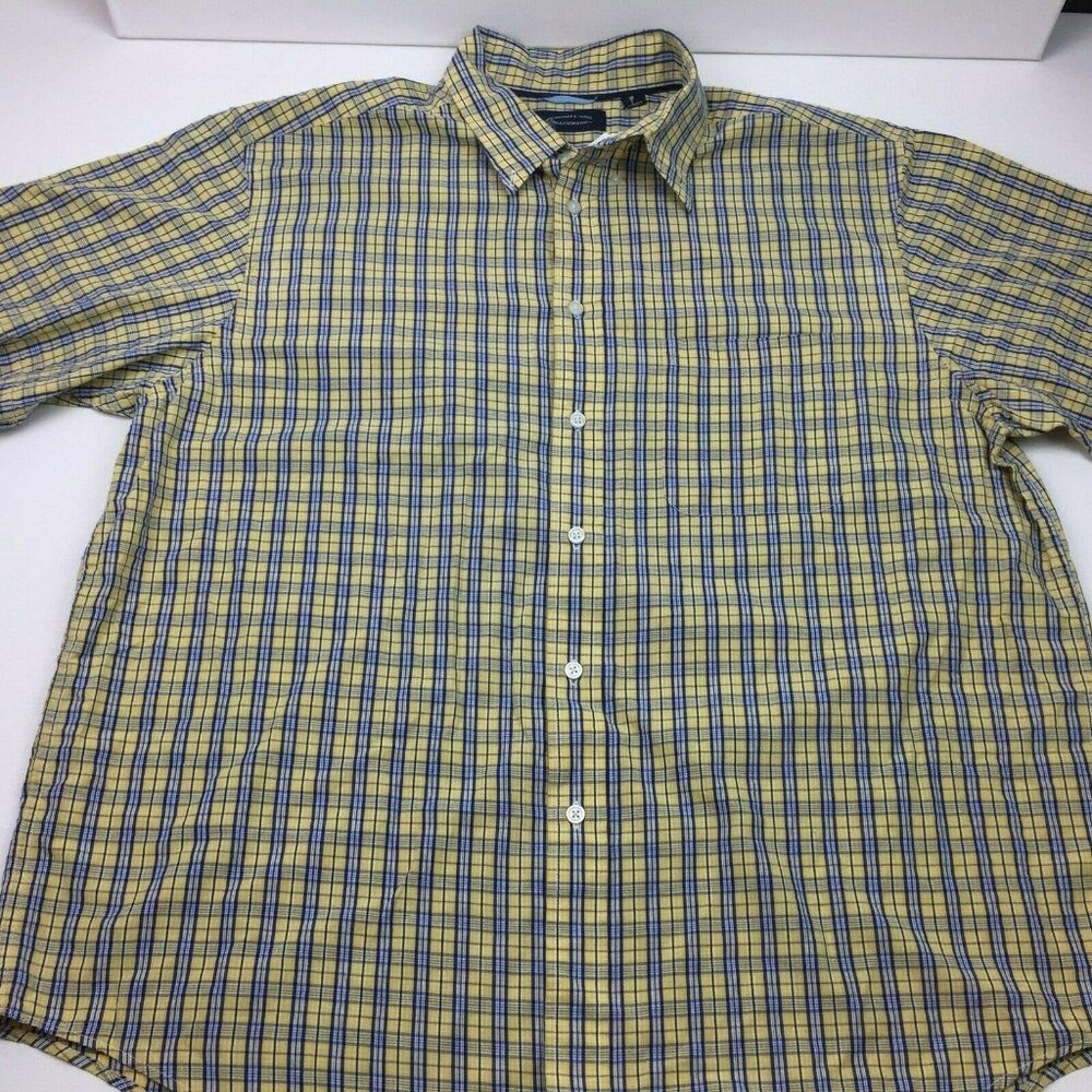 Roundtree & Yorke Mens Plaid Blue Yellow Short Sleeved Shirt Size XL